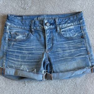 American Eagle Outfitters Light Blue Distressed Denim Roll-Cuff Shorts